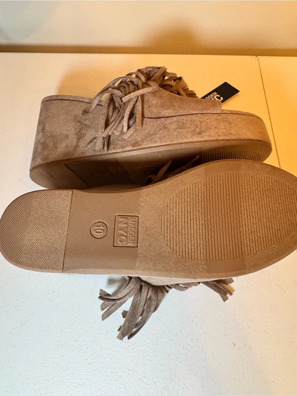 Madden NYC Tan Suede Fringe Platform Wedge Slides